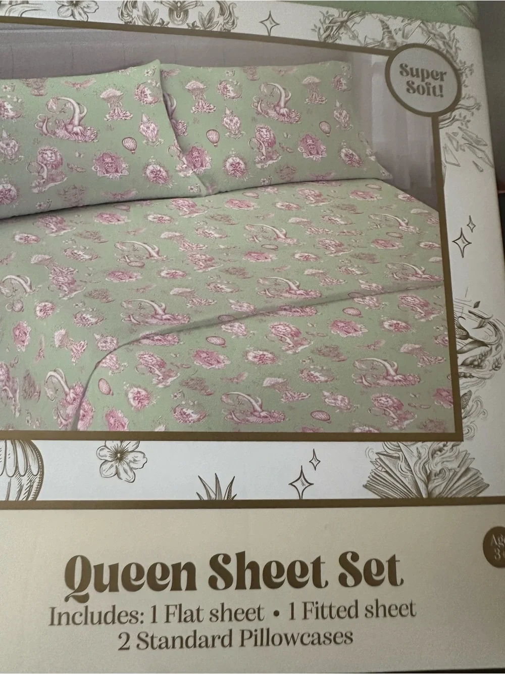 Wicked Queen Sheet Set in Sage Green with Pink Floral